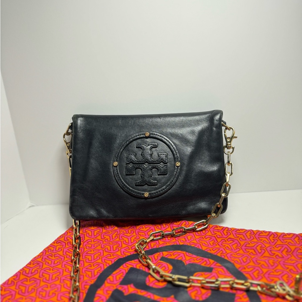 Black Leather Tory Burch Clutch/Crossbody Bag